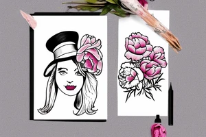 Alice in wonderland in a cowboy hat holding peonies tattoo idea