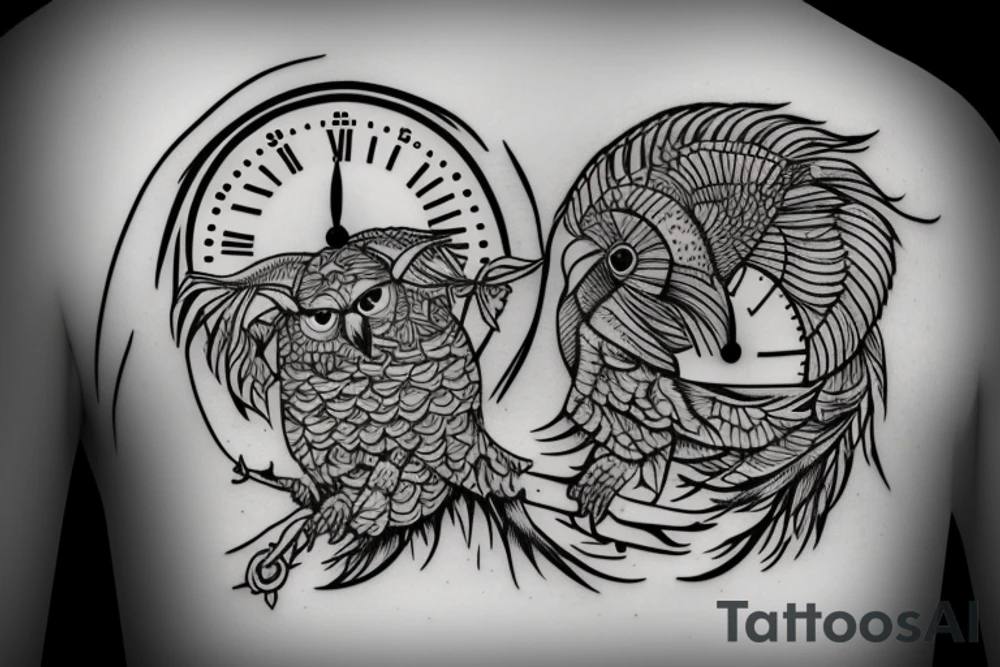 Snow Owl with a clock and words “it’s only forever” tattoo idea