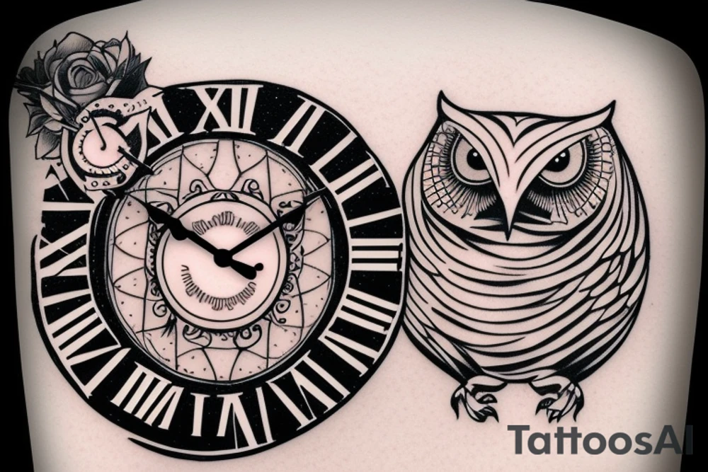 Snow Owl with a clock and words “it’s only forever” tattoo idea