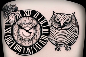 Snow Owl with a clock and words “it’s only forever” tattoo idea