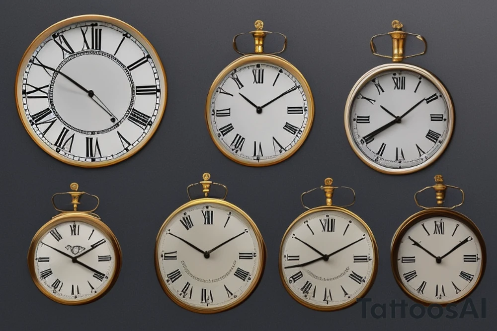 Four clock faces arranged for down the arm.

First clock hands are set at 2:14.  Inscribed at the top of the first clock is "Asher Michael" and at the bottom is "March 11, 2017".

Second clock hands are set at 10:16.  Inscribed at the top of the second clock is "Shiloh Kenneth" and at the bottom is "October 18, 2018".

Third clock hands are set at 5:12.  Inscribed at the top of the third clock is "Stevie Rose" and at the bottom is "July, 21, 2020".

Fourth clock hands are set at 9:07.  Inscribed at the top of the first clock is "Arlo Charles" and at the bottom is "April 18, 2023". tattoo idea