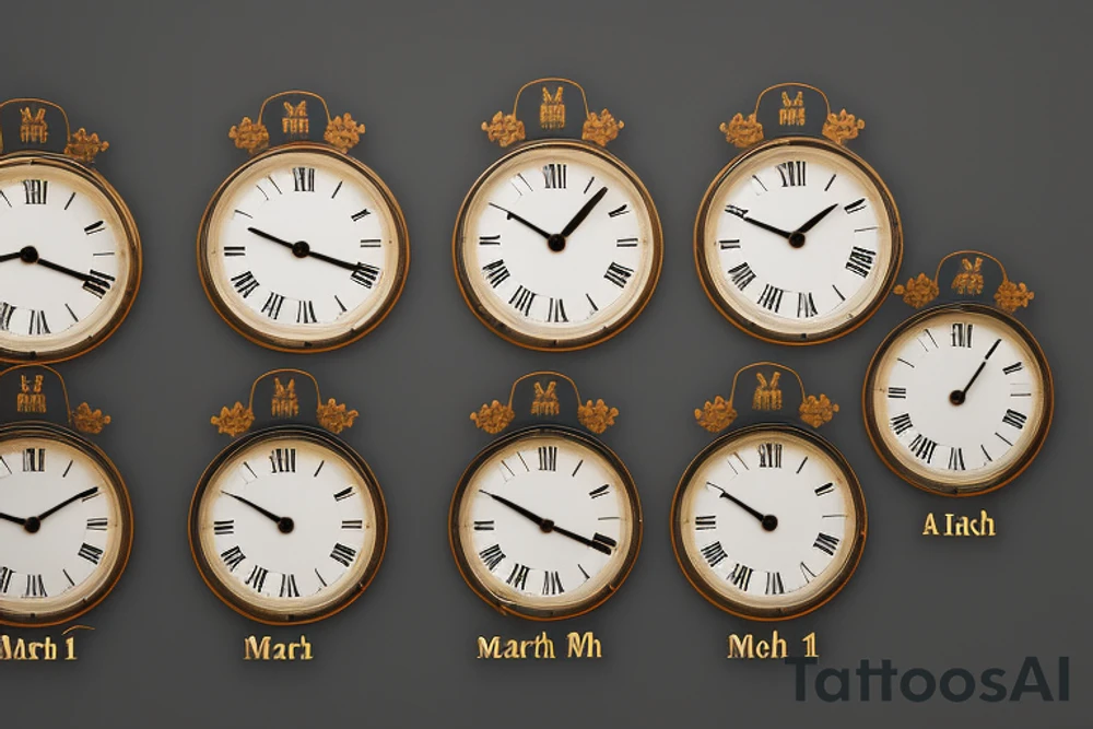 Four clock faces arranged for down the arm.

First clock hands are set at 2:14.  Inscribed at the top of the first clock is "Asher Michael" and at the bottom is "March 11, 2017".

Second clock hands are set at 10:16.  Inscribed at the top of the second clock is "Shiloh Kenneth" and at the bottom is "October 18, 2018".

Third clock hands are set at 5:12.  Inscribed at the top of the third clock is "Stevie Rose" and at the bottom is "July, 21, 2020".

Fourth clock hands are set at 9:07.  Inscribed at the top of the first clock is "Arlo Charles" and at the bottom is "April 18, 2023". tattoo idea