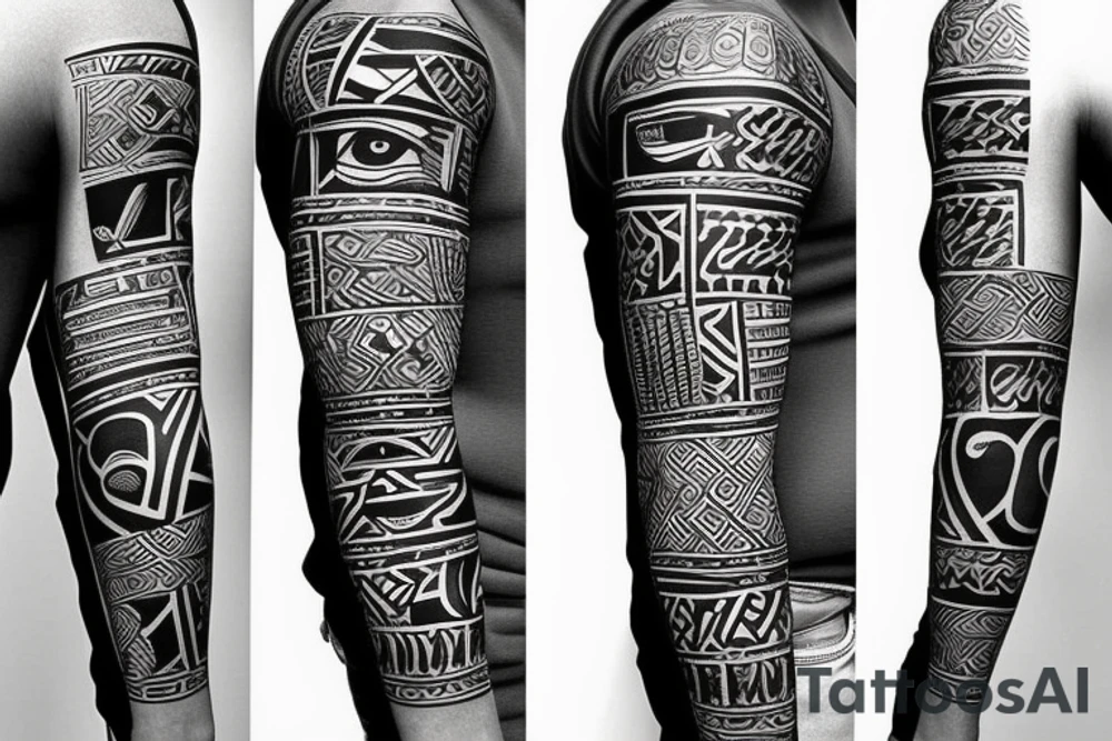 Black power themed sleeve tattoo with African flag tattoo idea