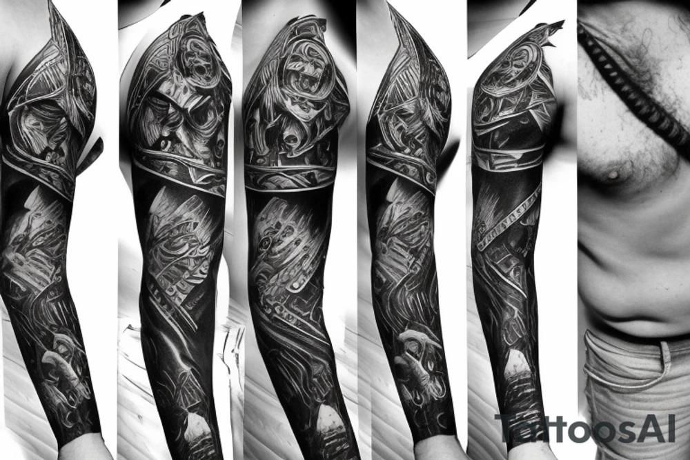 Black power themed sleeve tattoo with hidden satanic theme tattoo idea