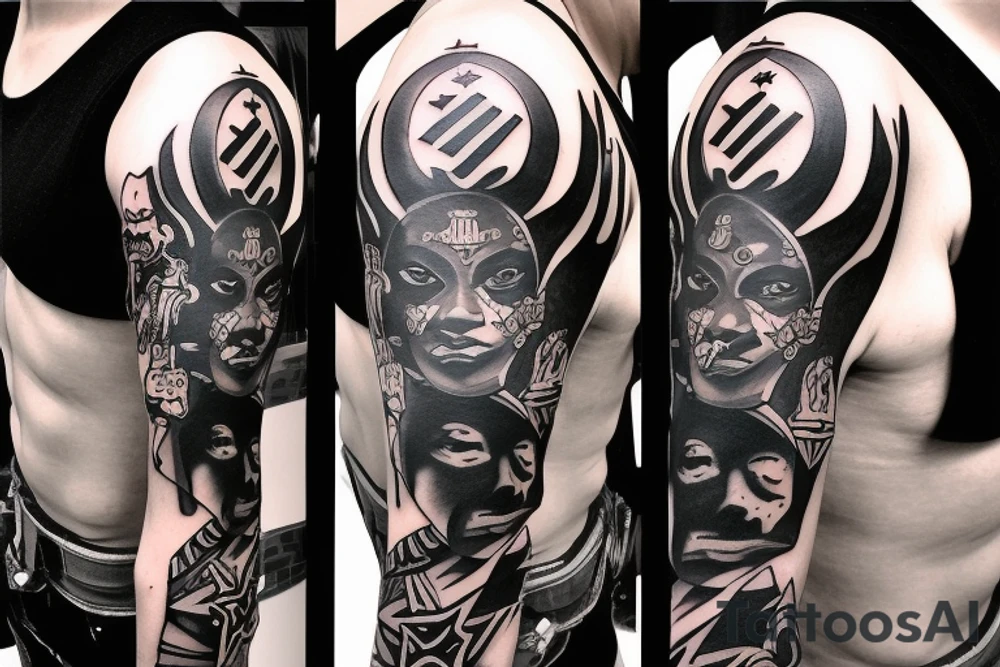 Black power themed sleeve tattoo with hidden satanic theme tattoo idea