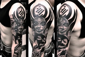 Black power themed sleeve tattoo with hidden satanic theme tattoo idea