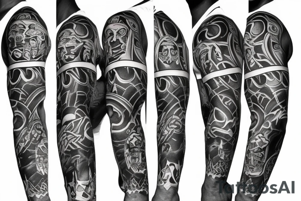 Black power themed sleeve tattoo with hidden satanic theme tattoo idea