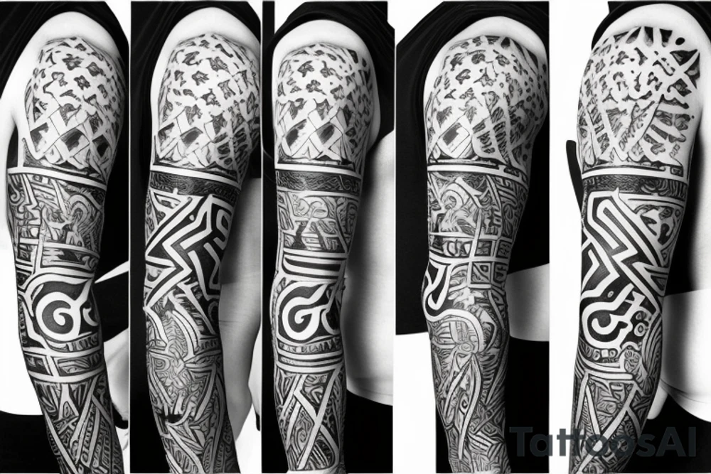 Black power themed sleeve tattoo with hidden satanic theme tattoo idea