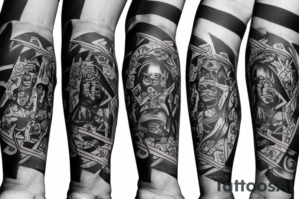 Black power themed forearm sleeve tattoo with hidden satanic theme tattoo idea