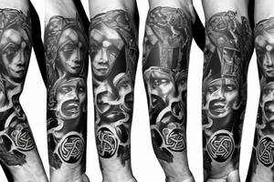 Black power themed forearm sleeve tattoo with hidden satanic theme tattoo idea