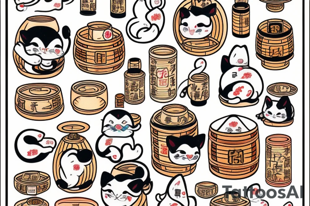 An izumi with a maneki neko, a barrel of sake and tradicional Japanese folklore in a kawai way tattoo idea