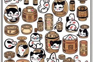 An izumi with a maneki neko, a barrel of sake and tradicional Japanese folklore in a kawai way tattoo idea