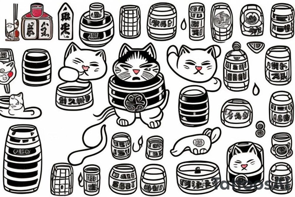 An izumi with a maneki neko, a barrel of sake and tradicional Japanese folklore in a kawai way tattoo idea