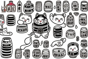 An izumi with a maneki neko, a barrel of sake and tradicional Japanese folklore in a kawai way tattoo idea