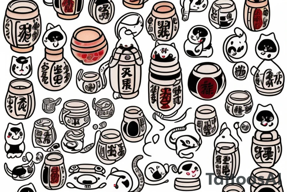A long sleeve izumi maneki neko, a barrel of sake and tradicional Japanese folklore in a kawai way tattoo idea