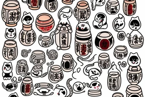 A long sleeve izumi maneki neko, a barrel of sake and tradicional Japanese folklore in a kawai way tattoo idea