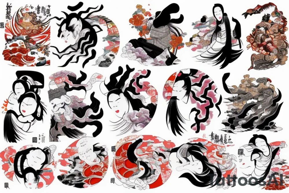 Long sleeve izumi colorful Japanese folklore tradicional realistic tattoo idea