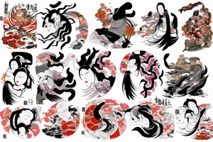 Long sleeve izumi colorful Japanese folklore tradicional realistic tattoo idea