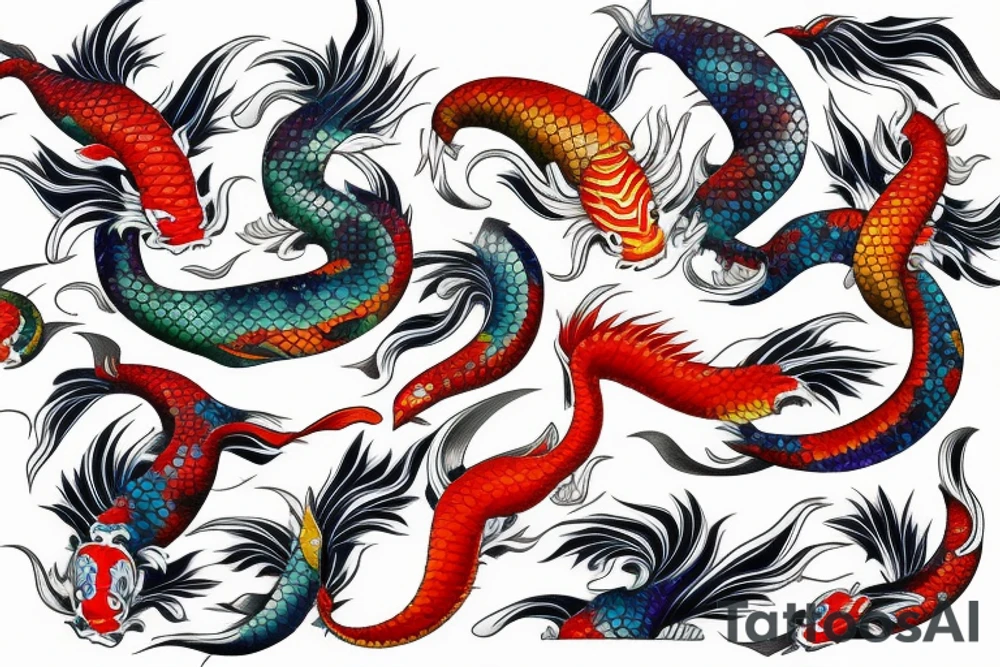 Long sleeve izumi colorful Japanese folklore bright koi fish dragon samurai tattoo idea