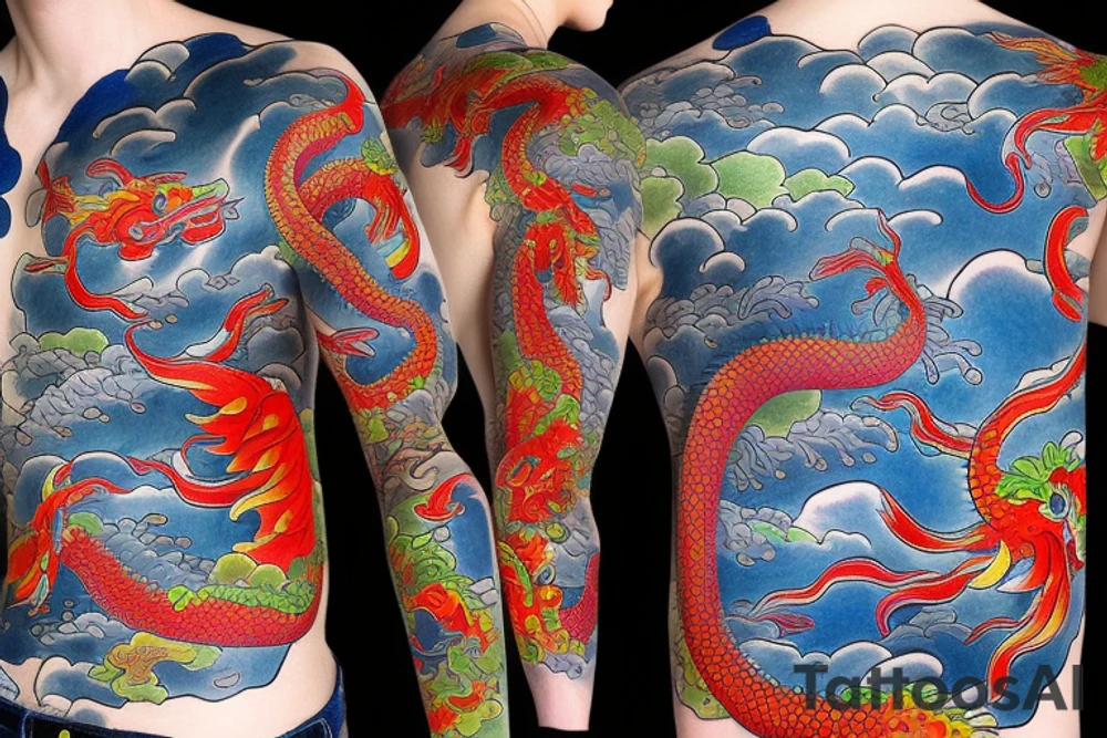 Long sleeve izumi colorful Japanese folklore bright koi fish dragon samurai tattoo idea