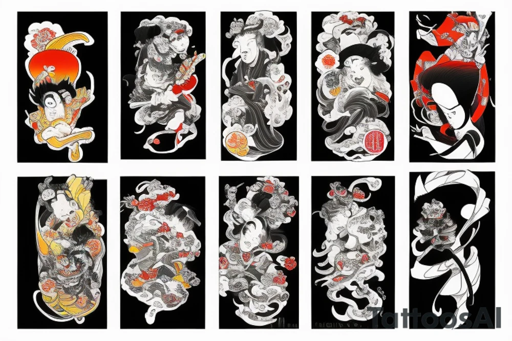 Caricature Colorful bright yokai long arm sleeve izumi tattoo idea
