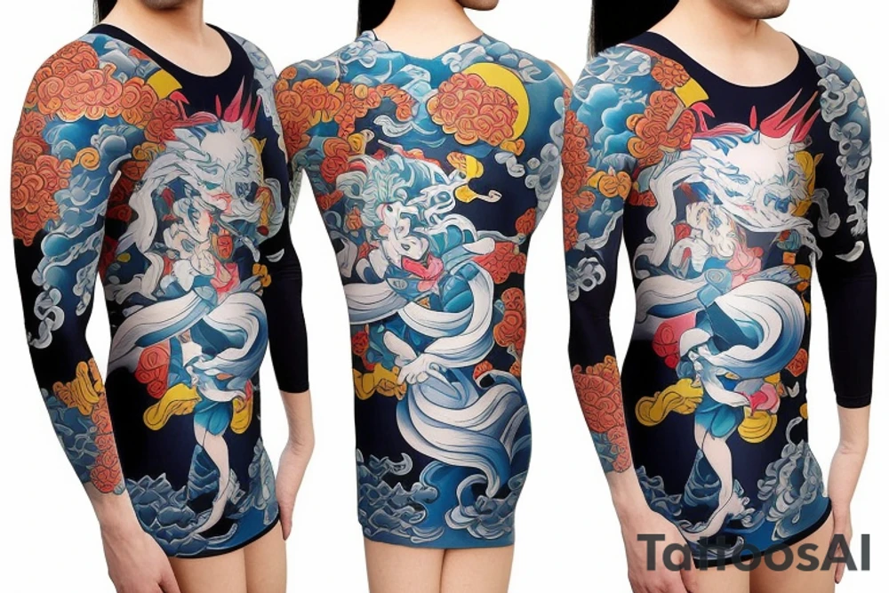 Caricature Colorful bright kitsune long arm sleeve izumi tattoo idea