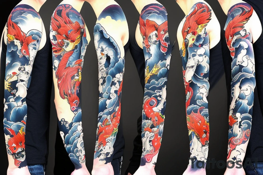 Caricature Colorful bright fox  long arm sleeve izumi tattoo idea