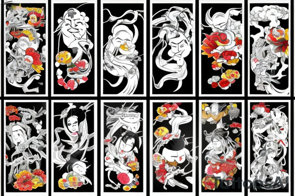 Caricature Colorful bright long arm sleeve izumi yakusa tattoo idea