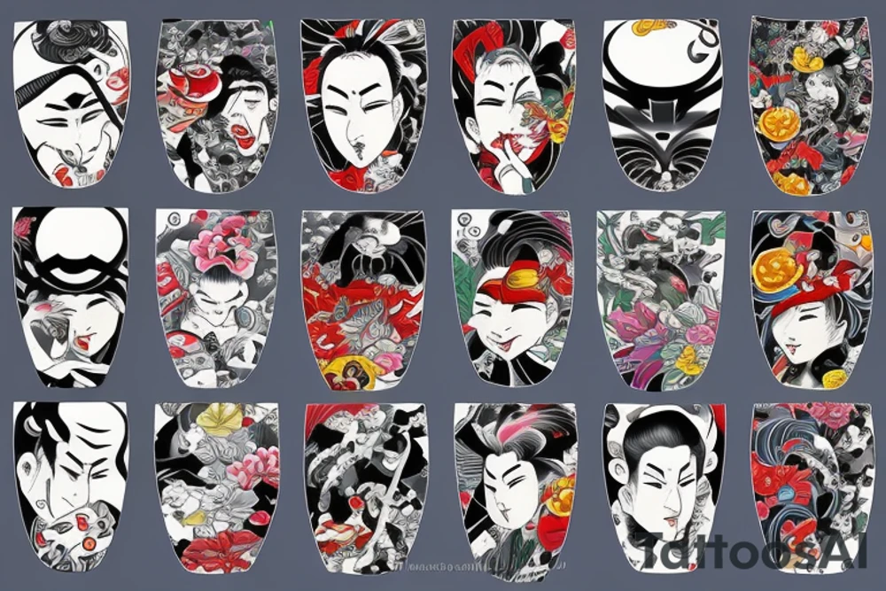 Caricature Colorful bright long arm sleeve izumi yakusa tattoo idea