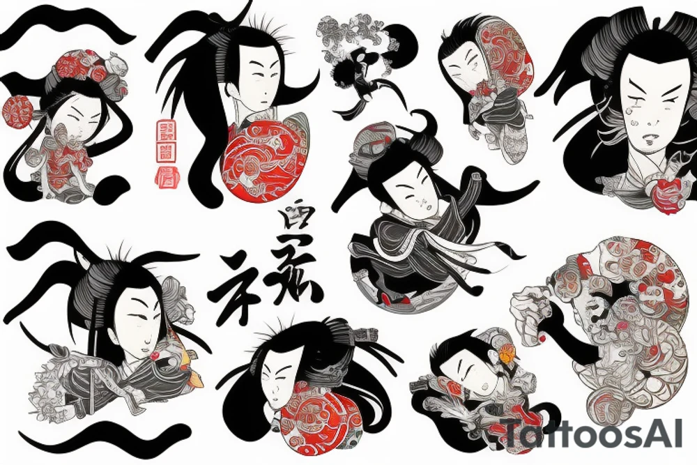 Caricature Colorful bright long arm sleeve izumi tattoo idea