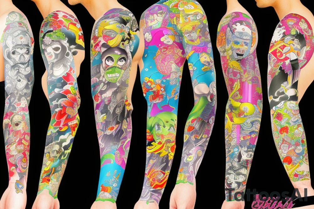 Caricature Colorful bright long arm sleeve izumi tattoo idea