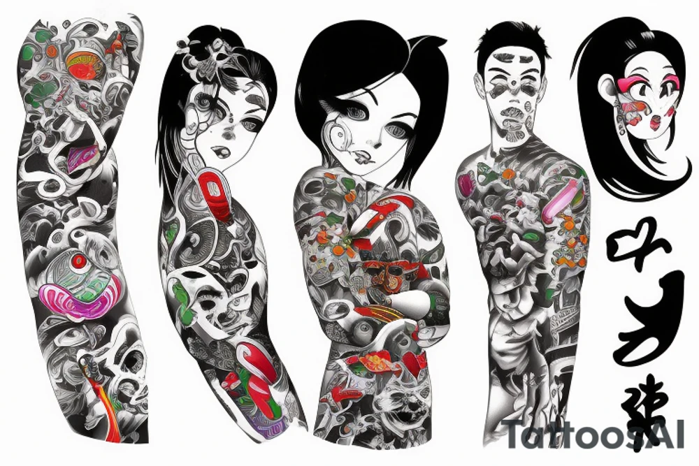 Caricature Colorful bright long arm sleeve izumi tattoo idea
