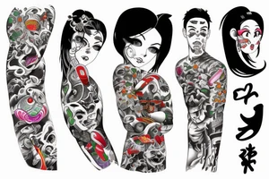 Caricature Colorful bright long arm sleeve izumi tattoo idea