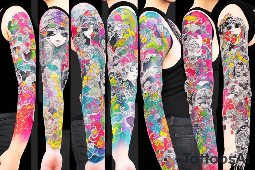None human Colorful bright long arm sleeve izumi tattoo idea