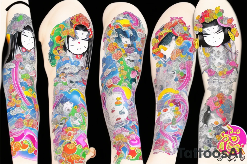 Yokai Colorful bright arm sleeve izumi tattoo idea