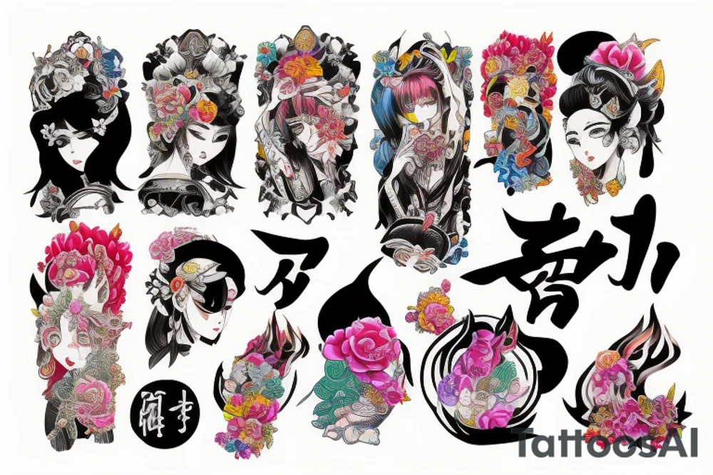 Temple  Ayakashi Colorful bright arm sleeve izumi tattoo idea