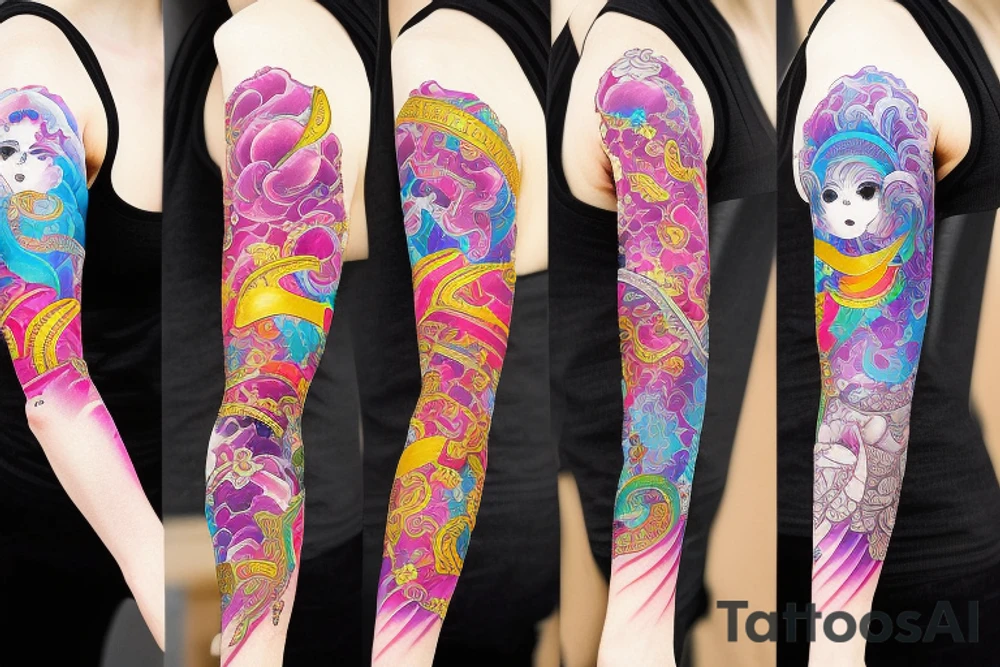 Temple  Ayakashi Colorful bright arm sleeve izumi tattoo idea