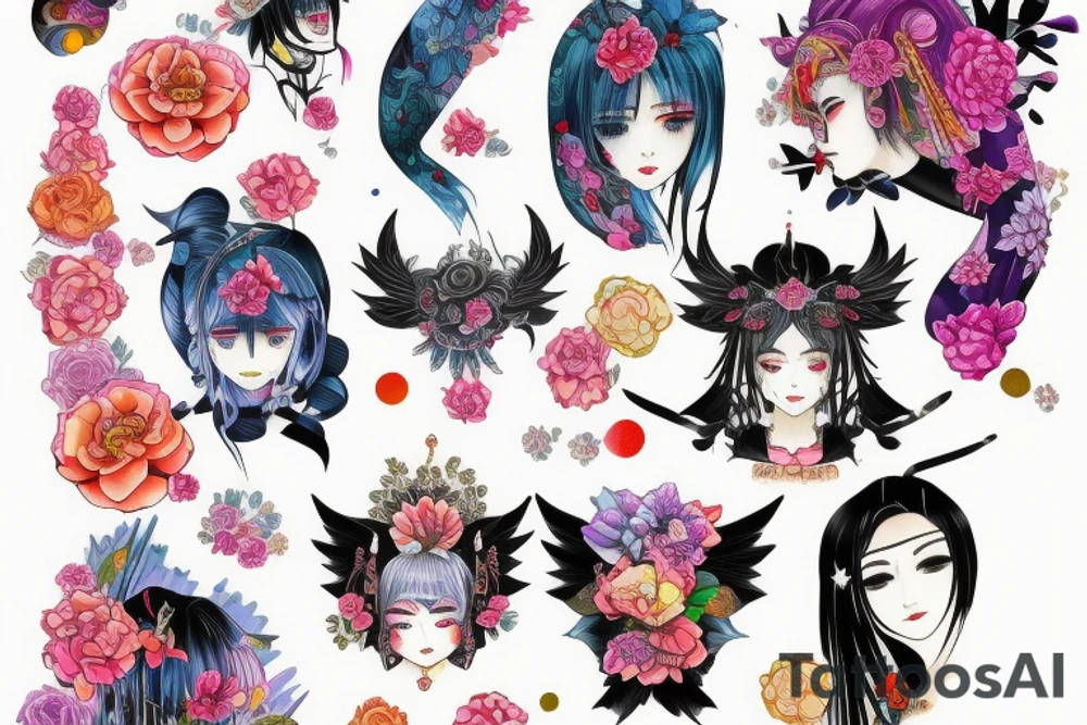 Temple  Ayakashi Colorful bright arm sleeve izumi tattoo idea