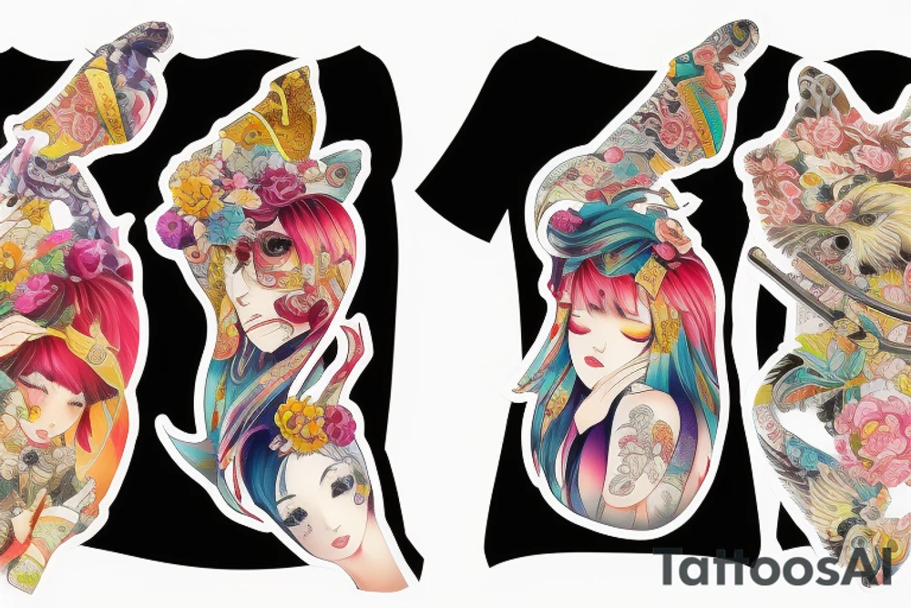 Temple  Ayakashi Colorful bright arm sleeve izumi tattoo idea