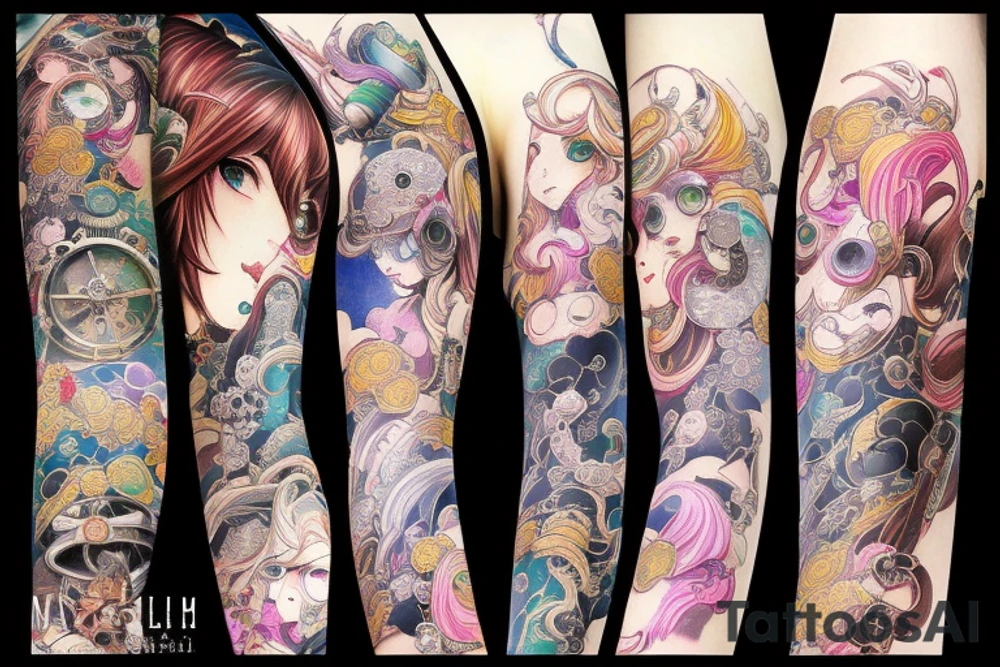 Sureal steampunk Ayakashi Colorful bright arm sleeve izumi tattoo idea