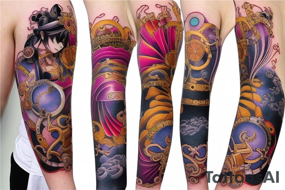 Sureal steampunk Ayakashi Colorful bright arm sleeve izumi tattoo idea