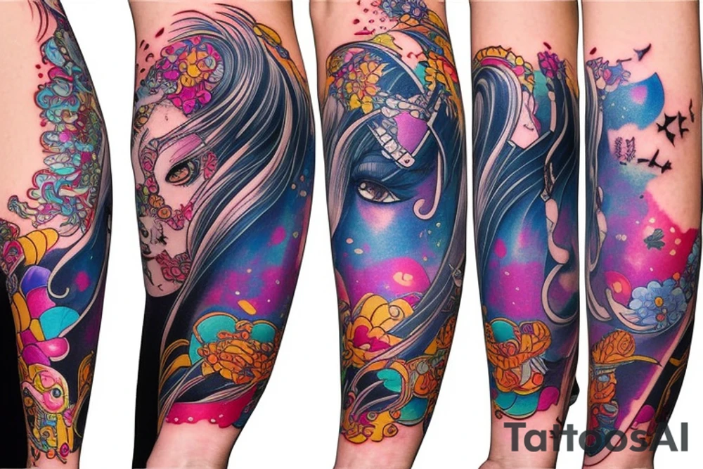 Futurepunk Ayakashi Colorful bright arm sleeve izumi tattoo idea