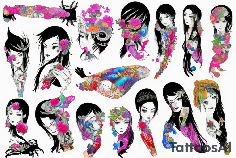 Futurepunk Ayakashi Colorful bright arm sleeve izumi tattoo idea