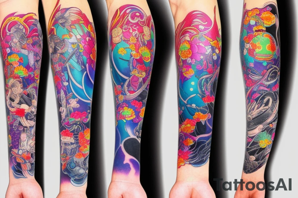 Biopunk Ayakashi Colorful bright arm sleeve izumi tattoo idea