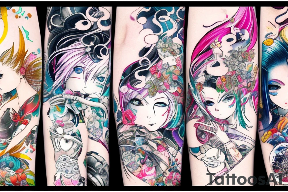 Biopunk Ayakashi Colorful bright arm sleeve izumi tattoo idea