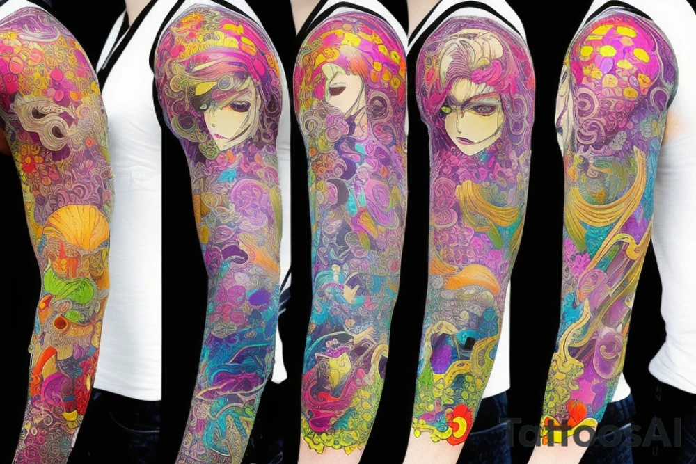 Biopunk mythical Colorful bright arm sleeve izumi tattoo idea