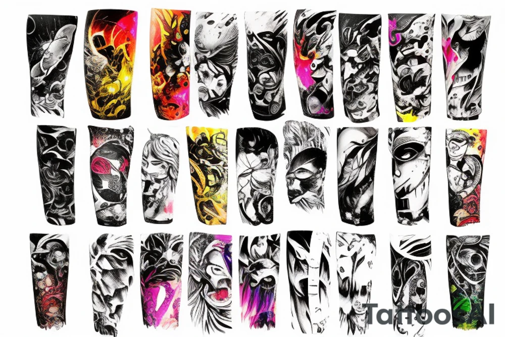 Biopunk mythical Colorful bright arm sleeve izumi tattoo idea