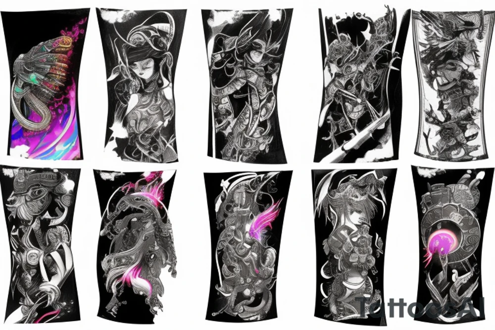 Cyberpunk mythical Colorful bright arm sleeve izumi tattoo idea