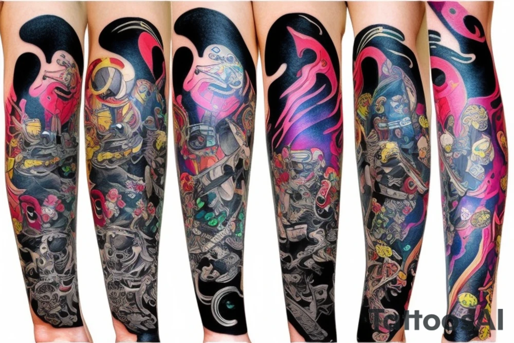Cyberpunk animal Colorful bright arm sleeve izumi tattoo idea