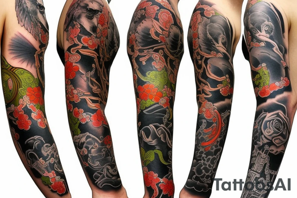 Dieselpunk animal Colorful bright arm sleeve izumi tattoo idea